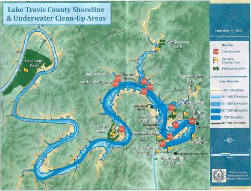Map of the 2014 Lake Travis Underwater and Shoreline Cleanup locations (Map credit: Colorado River Alliance)