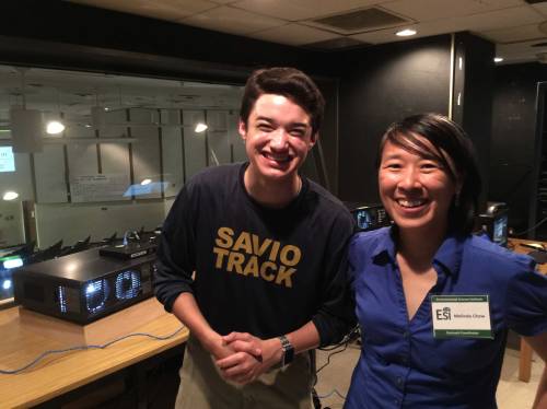 Ms. Melinda Chow and Ben Shrader in the audio and film room at the top of the Welch Hall auditorium